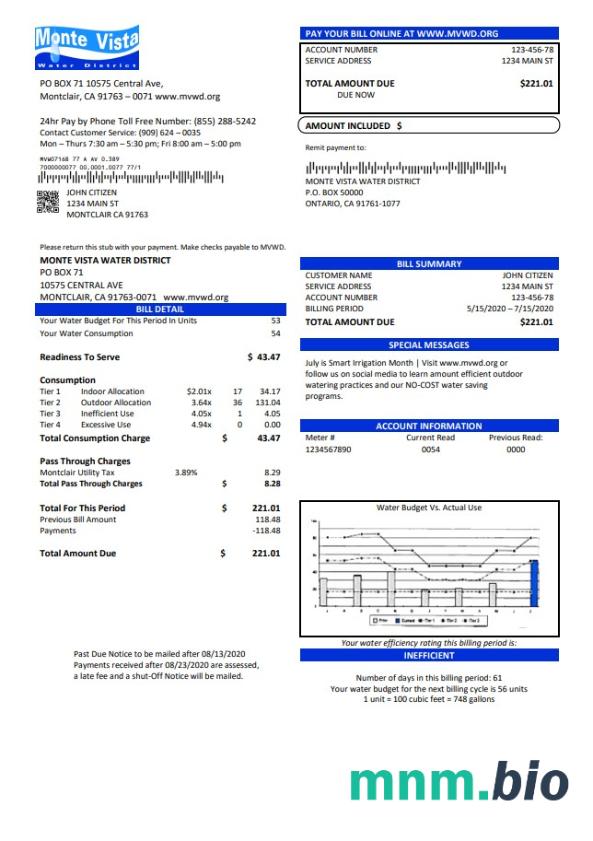 Usa California Monte Vista Water District rachunek za media szablon w formacie Word i PDF